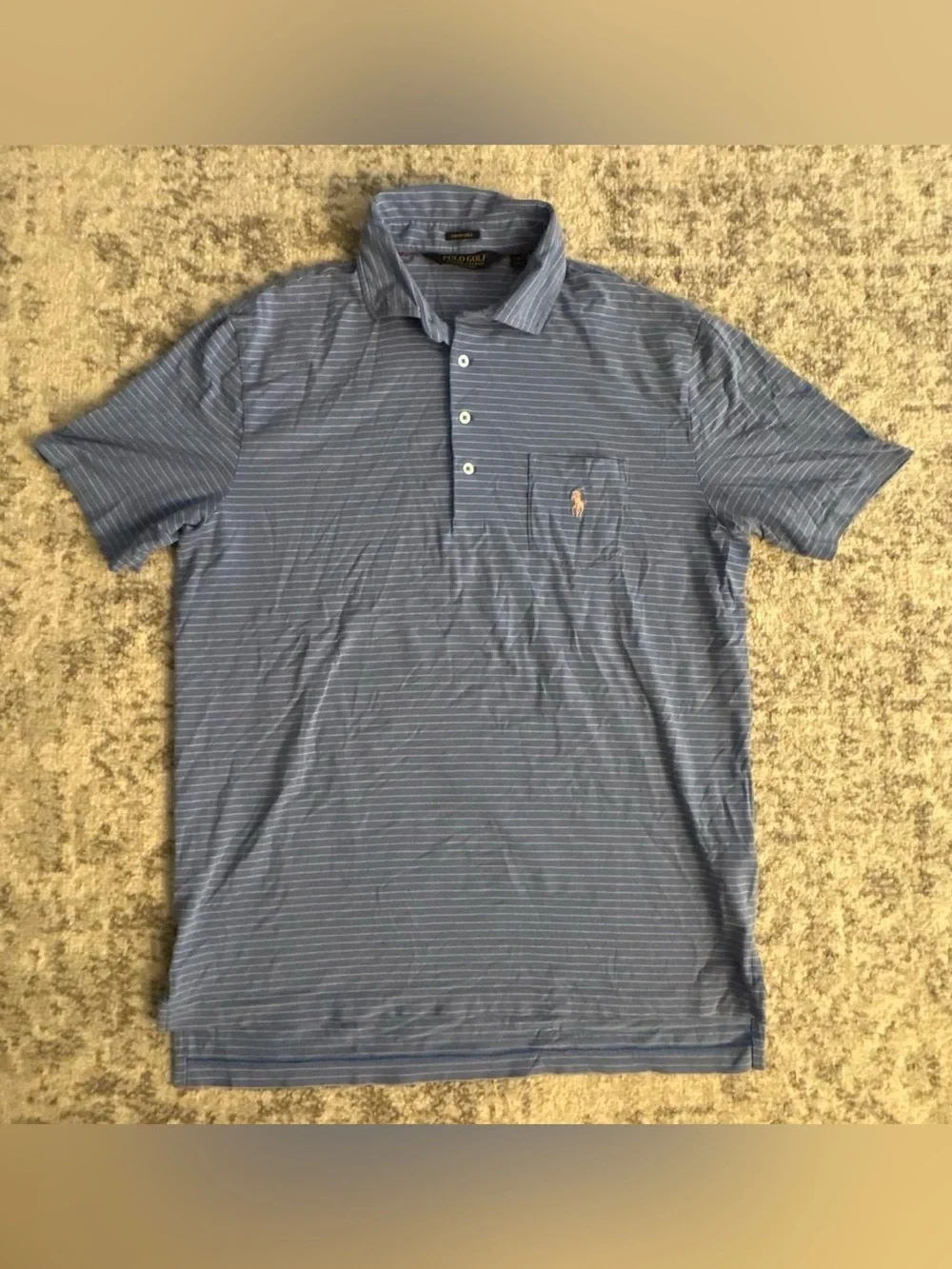 Polo Ralph Lauren Light Blue striped Pocket Golf Polo with Pink Pony Size Medium